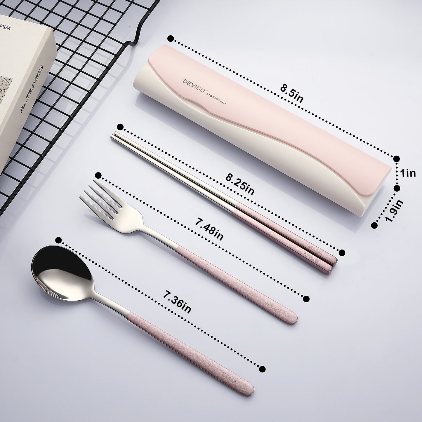 DEVICO Portable Travel Utensils with Case, Reusable Camping Silverware for Lunch, 18/8 Stainless Steel Cutlery Set (Pink)