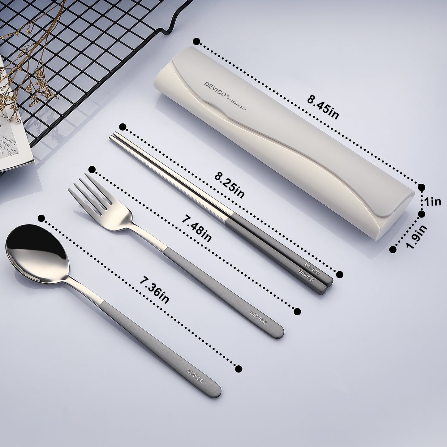 DEVICO Portable Travel Utensils with Case, Reusable Camping Silverware for Lunch, 18/8 Stainless Steel Cutlery Set (Grey)
