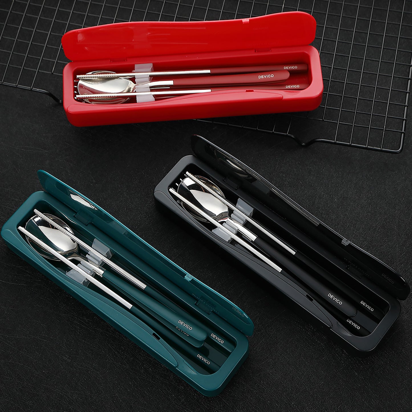 DEVICO Travel Utensils, 18/8 Stainless Steel Portable Reusable Camping Silverware Cutlery Flatware Set, 4-Piece Include Fork Spoon Chopsticks with Case (Dark Green)
