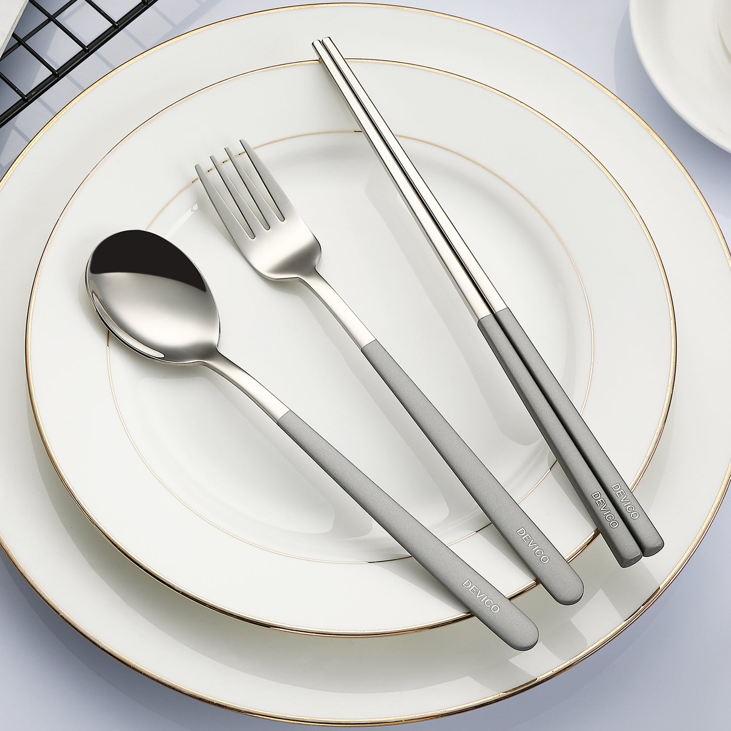 DEVICO Portable Travel Utensils with Case, Reusable Camping Silverware for Lunch, 18/8 Stainless Steel Cutlery Set (Grey)