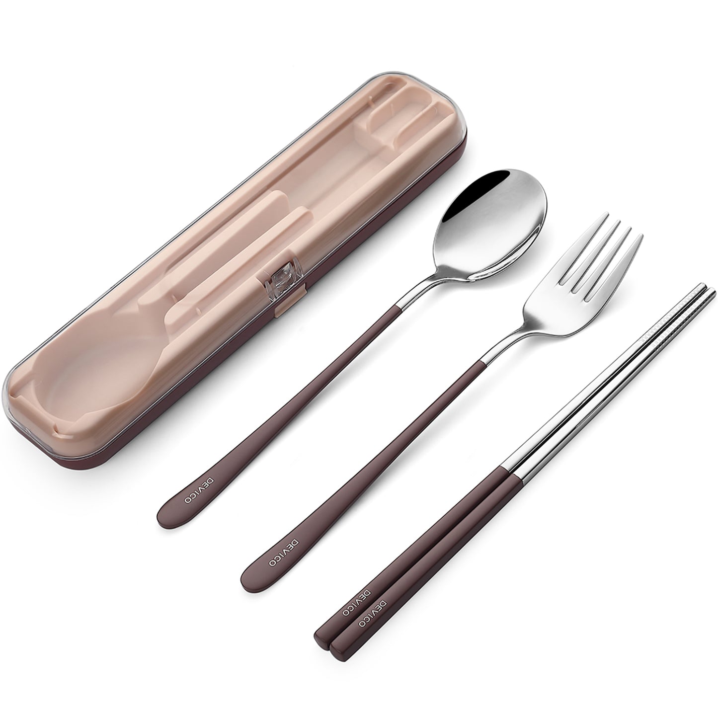 DEVICO Portable Utensils, Travel Reusable Silverware Flatware Set for Lunch, 18/8 Stainless Steel 4-Piece Camping Cutlery Include Fork Spoon Chopsticks with Case (Brown)