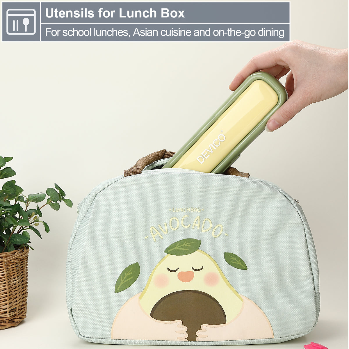 Utensils for Lunch Box, DEVICO Travel Silverware Set with Case, Portable Camping Cutlery, 18/8 Stainless Steel Reusable Korean Spoon Fork Chopsticks for School, Office, Dishwasher Safe (Green-Yellow)