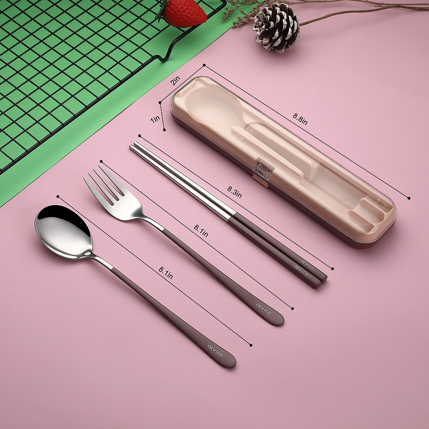 DEVICO Portable Utensils, Travel Reusable Silverware Flatware Set for Lunch, 18/8 Stainless Steel 4-Piece Camping Cutlery Include Fork Spoon Chopsticks with Case (Brown)