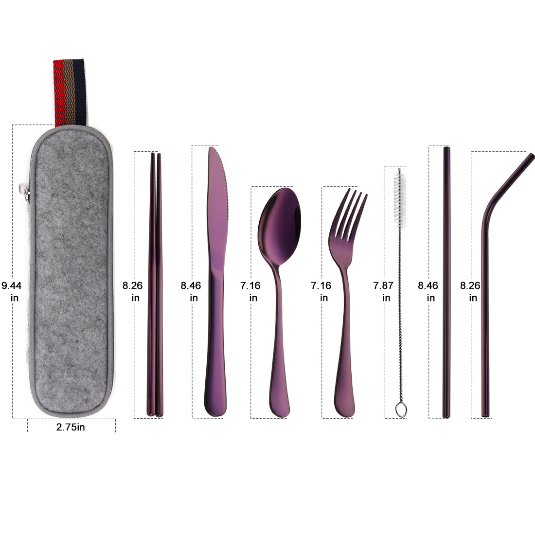 Devico Portable Utensils, Travel Camping Cutlery Set, 8-Piece including Knife Fork Spoon Chopsticks Cleaning Brush Straws Portable Case, Stainless Steel Flatware set (8-piece Purple)