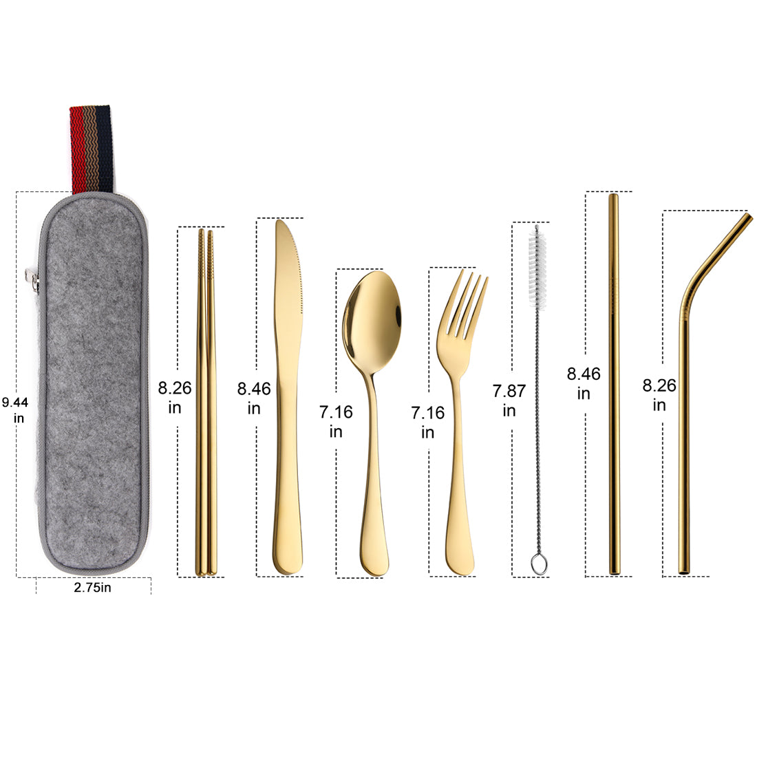 Devico Portable Utensils, Travel Camping Cutlery Set, 8-Piece including Knife Fork Spoon Chopsticks Cleaning Brush Straws Portable Case, Stainless Steel Flatware set (8-piece Gold)