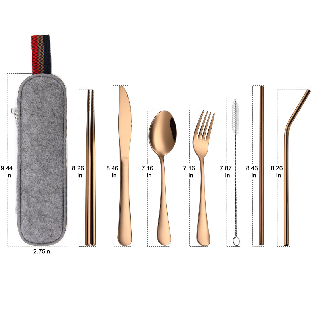Devico Portable Utensils, Travel Camping Cutlery Set, 8-Piece including Knife Fork Spoon Chopsticks Cleaning Brush Straws Portable Case, Stainless Steel Flatware set (8-piece Rose gold)