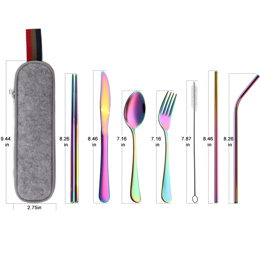 Devico Portable Utensils, Travel Camping Cutlery Set, 8-Piece including Knife Fork Spoon Chopsticks Cleaning Brush Straws Portable Case, Stainless Steel Flatware set (8-piece Rainbow)