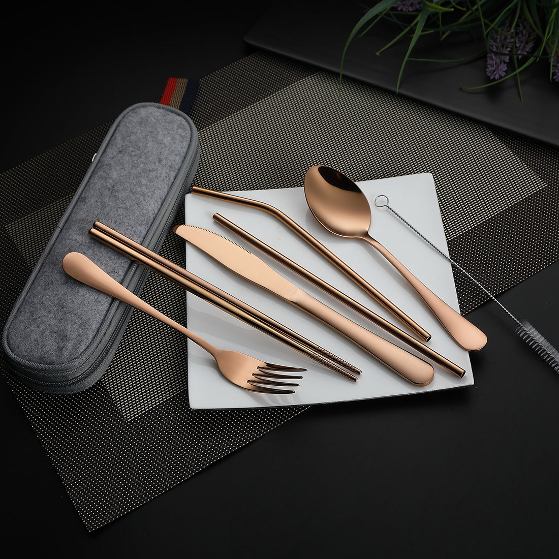 Devico Portable Utensils, Travel Camping Cutlery Set, 8-Piece including Knife Fork Spoon Chopsticks Cleaning Brush Straws Portable Case, Stainless Steel Flatware set (8-piece Rose gold)