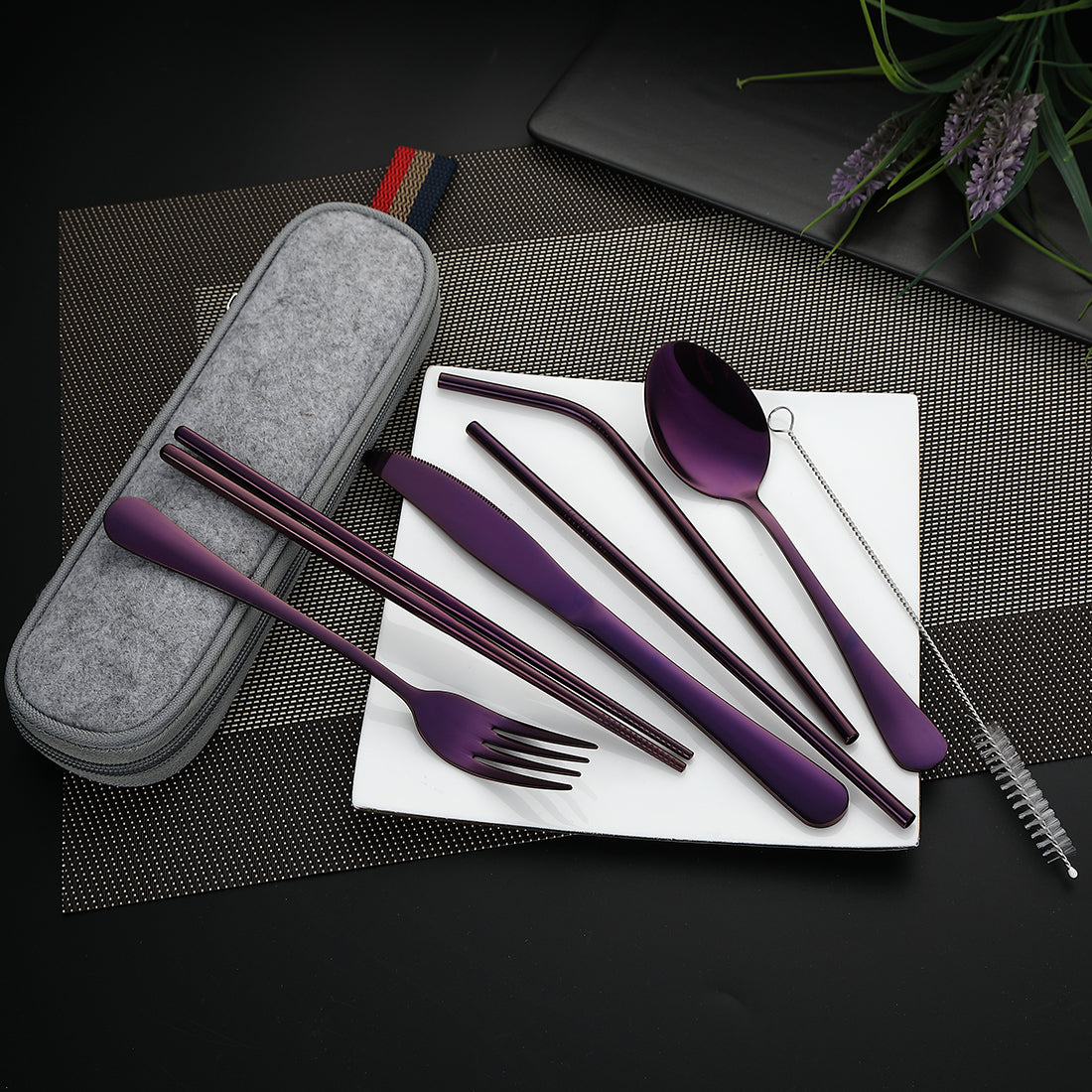 Devico Portable Utensils, Travel Camping Cutlery Set, 8-Piece including Knife Fork Spoon Chopsticks Cleaning Brush Straws Portable Case, Stainless Steel Flatware set (8-piece Purple)