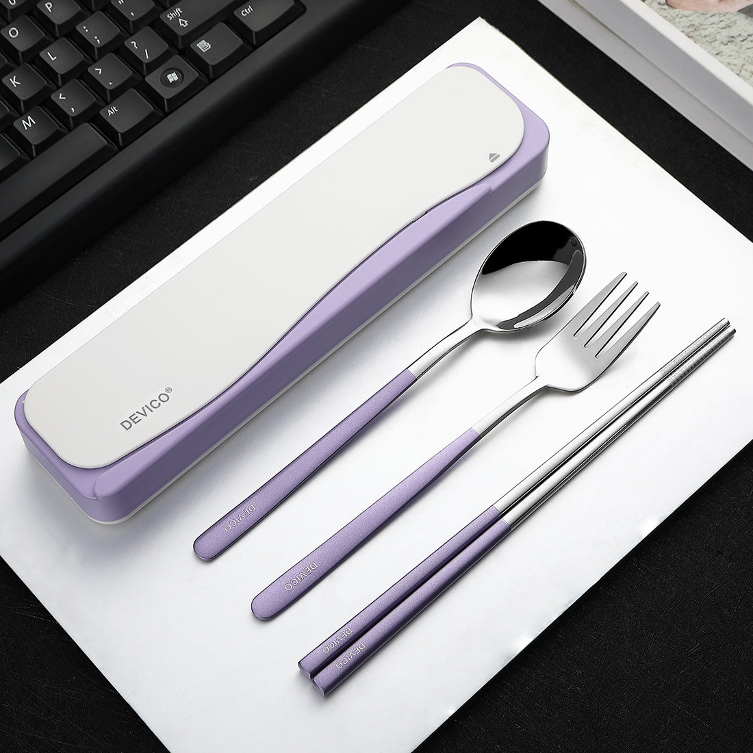 DEVICO Travel Utensils, Portable 18/8 Stainless Steel Silverware Flatware Set, Include Fork Spoon Chopsticks with Case (Purple)