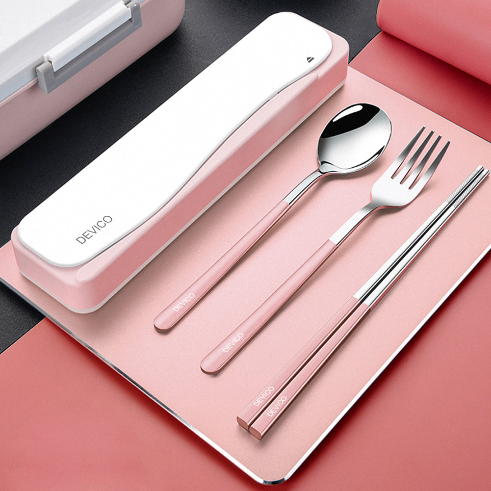 DEVICO Travel Utensils, 18/8 Stainless Steel 4pcs Cutlery Set Portable Camp Reusable Flatware Silverware, Include Fork Spoon Chopsticks with Case (Pink)