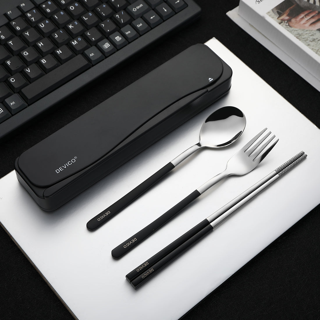 DEVICO Travel Utensils, 18/8 Stainless Steel 4pcs Cutlery Set Portable Camp Reusable Flatware Silverware, Include Fork Spoon Chopsticks with Case (black)