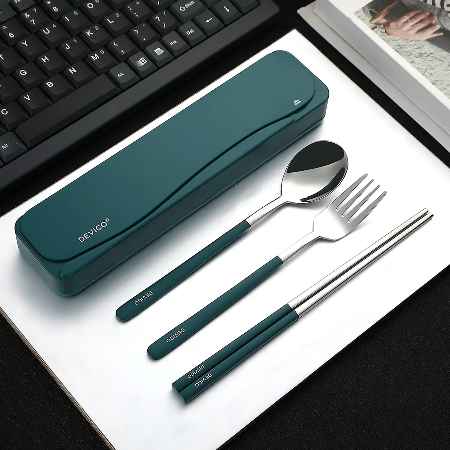 DEVICO Travel Utensils, 18/8 Stainless Steel Portable Reusable Camping Silverware Cutlery Flatware Set, 4-Piece Include Fork Spoon Chopsticks with Case (Dark Green)