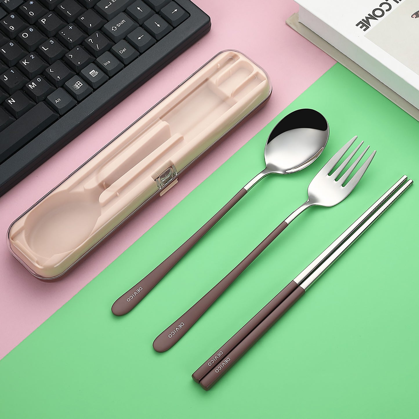 DEVICO Portable Utensils, Travel Reusable Silverware Flatware Set for Lunch, 18/8 Stainless Steel 4-Piece Camping Cutlery Include Fork Spoon Chopsticks with Case (Brown)