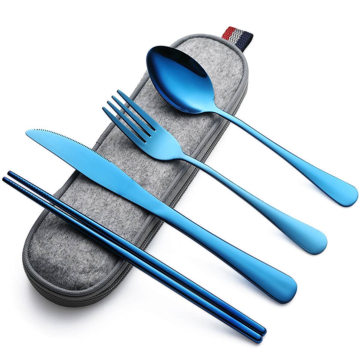 DEVICO Camping Utensils, Portable Travel Utensils with Case, Stainless Steel Reusable Silverware for Lunch Adult, 5Pcs Cutlery Set Includes Knife Spoon Fork Chopsticks and Case (Blue)