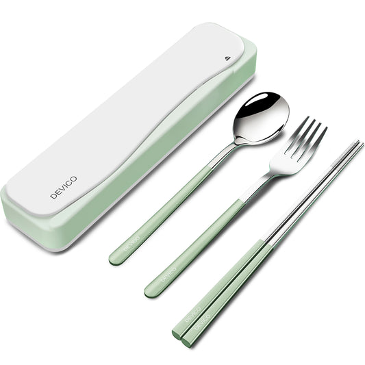 DEVICO Travel Utensils, 18/8 Stainless Steel 4pcs Cutlery Set Portable Camp Reusable Flatware Silverware, Include Fork Spoon Chopsticks with Case (Green)