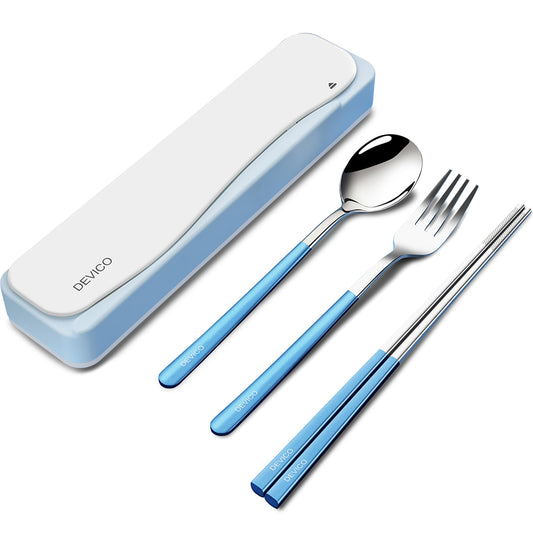 DEVICO Travel Utensils, 18/8 Stainless Steel 4pcs Cutlery Set Portable Camp Reusable Flatware Silverware, Include Fork Spoon Chopsticks with Case (Blue)