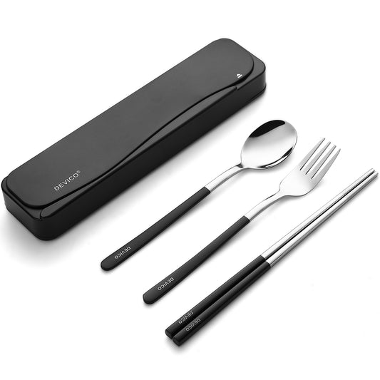 DEVICO Travel Utensils, 18/8 Stainless Steel 4pcs Cutlery Set Portable Camp Reusable Flatware Silverware, Include Fork Spoon Chopsticks with Case (black)