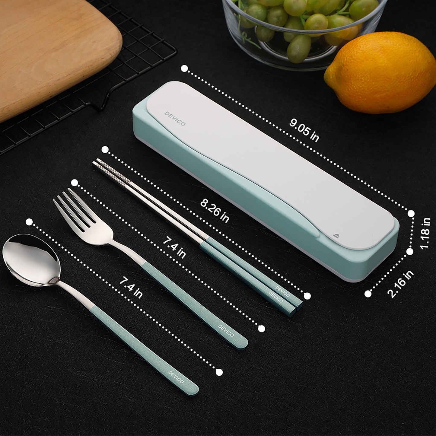 DEVICO Travel Utensils, 18/8 Stainless Steel 4pcs Cutlery Set Portable Camp Reusable Flatware Silverware, Include Fork Spoon Chopsticks with Case (Green)