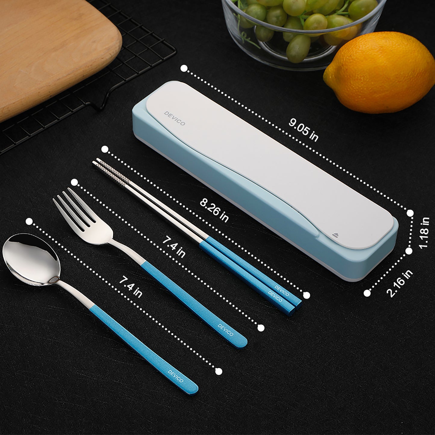 DEVICO Travel Utensils, 18/8 Stainless Steel 4pcs Cutlery Set Portable Camp Reusable Flatware Silverware, Include Fork Spoon Chopsticks with Case (Blue)