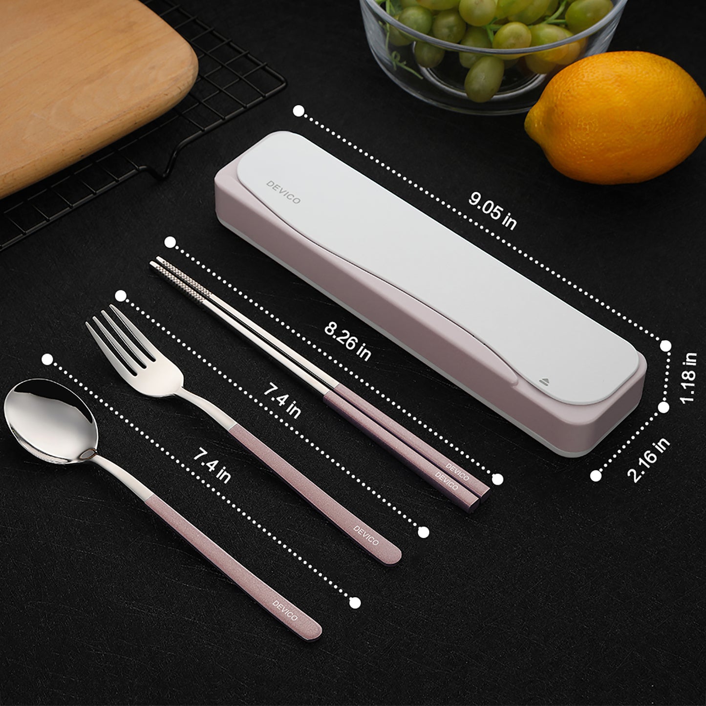 DEVICO Travel Utensils, 18/8 Stainless Steel 4pcs Cutlery Set Portable Camp Reusable Flatware Silverware, Include Fork Spoon Chopsticks with Case (Pink)