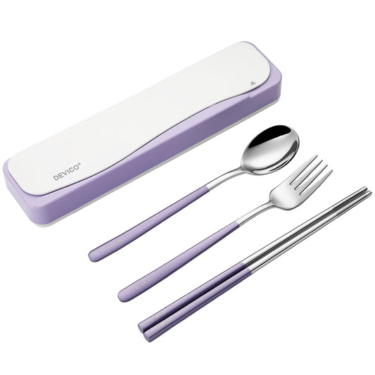 DEVICO Travel Utensils, Portable 18/8 Stainless Steel Silverware Flatware Set, Include Fork Spoon Chopsticks with Case (Purple)