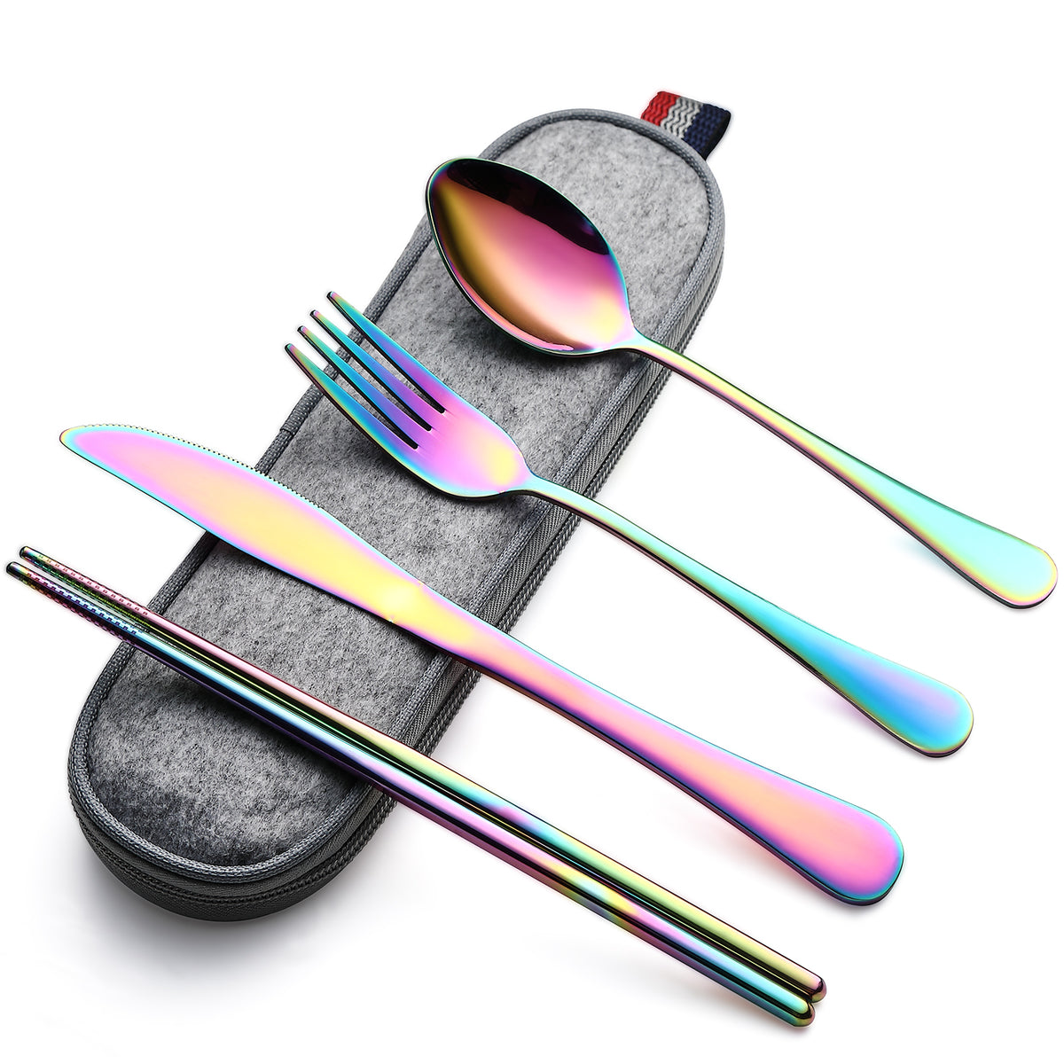 DEVICO Camping Utensils, Portable Travel Utensils with Case, Stainless Steel Reusable Silverware for Lunch Adult, 5Pcs Cutlery Set Includes Knife Spoon Fork Chopsticks and Case (Rainbow)