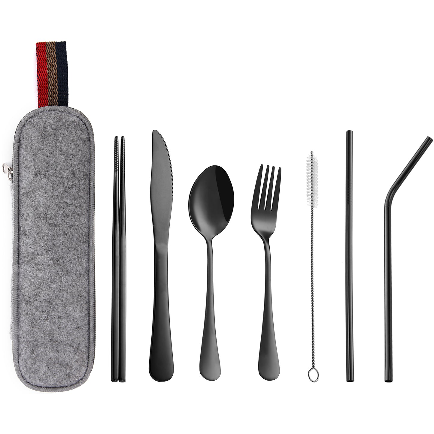 Devico Portable Utensils, Travel Camping Cutlery Set, 8-Piece including Knife Fork Spoon Chopsticks Cleaning Brush Straws Portable Case, Stainless Steel Flatware set (8-piece Black)