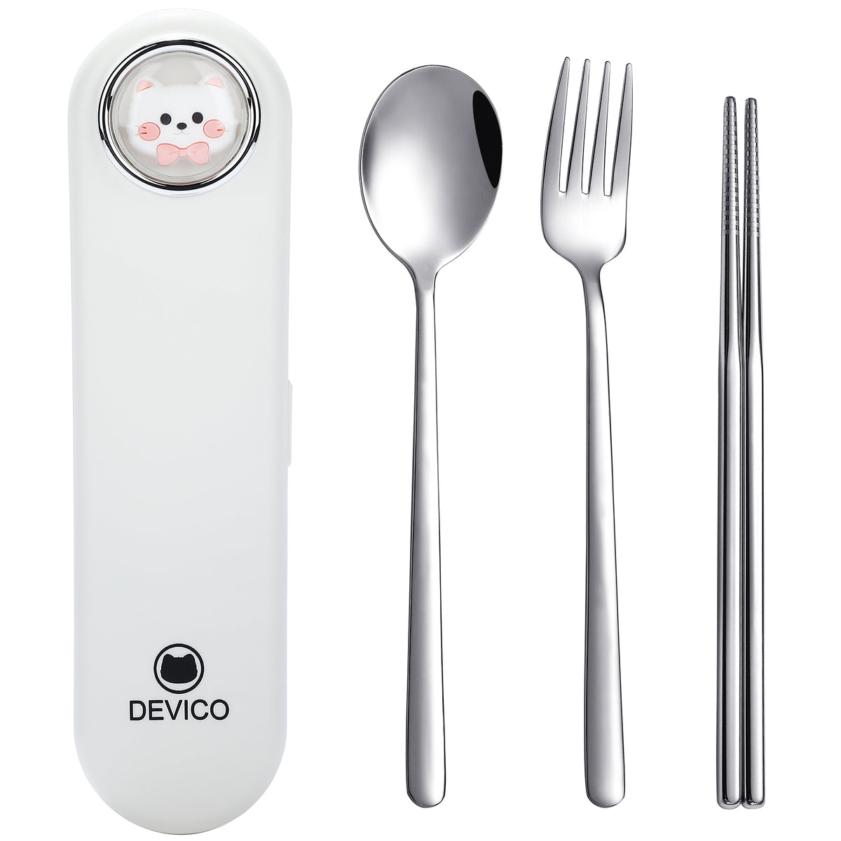 DEVICO Travel Utensils with Case Cute, Reusable Silverware for Lunch, Portable Cutlery Set, 18/8 Stainless Steel Fork Spoon Chopsticks in Cartoon Case, Dishwasher Safe (White)
