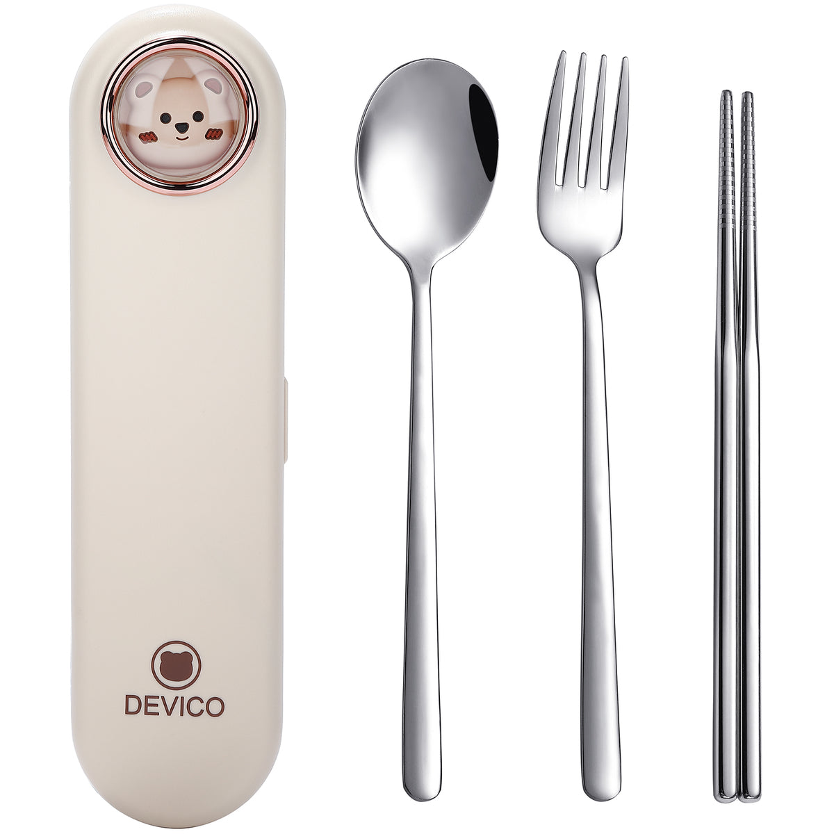 DEVICO Travel Utensils with Case Cute, Reusable Silverware for Lunch, Portable Cutlery Set, 18/8 Stainless Steel Fork Spoon Chopsticks in Cartoon Case, Dishwasher Safe (Yellow)