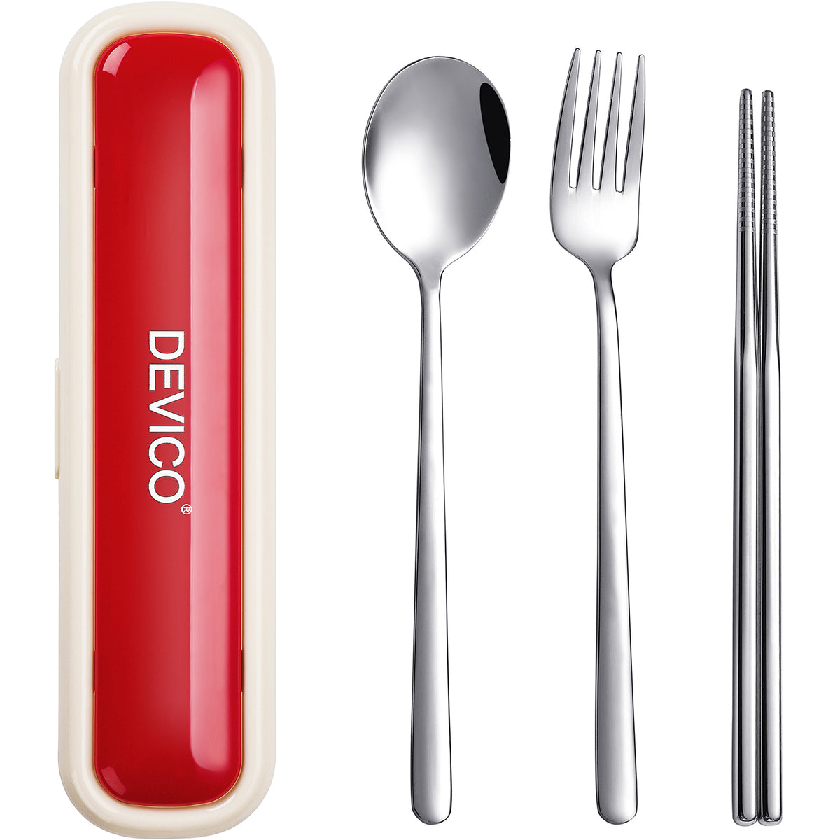 Utensils for Lunch Box, DEVICO Travel Silverware Set with Case, Portable Camping Cutlery, 18/8 Stainless Steel Reusable Korean Spoon Fork Chopsticks for School, Office, Dishwasher Safe (Beige-Red)