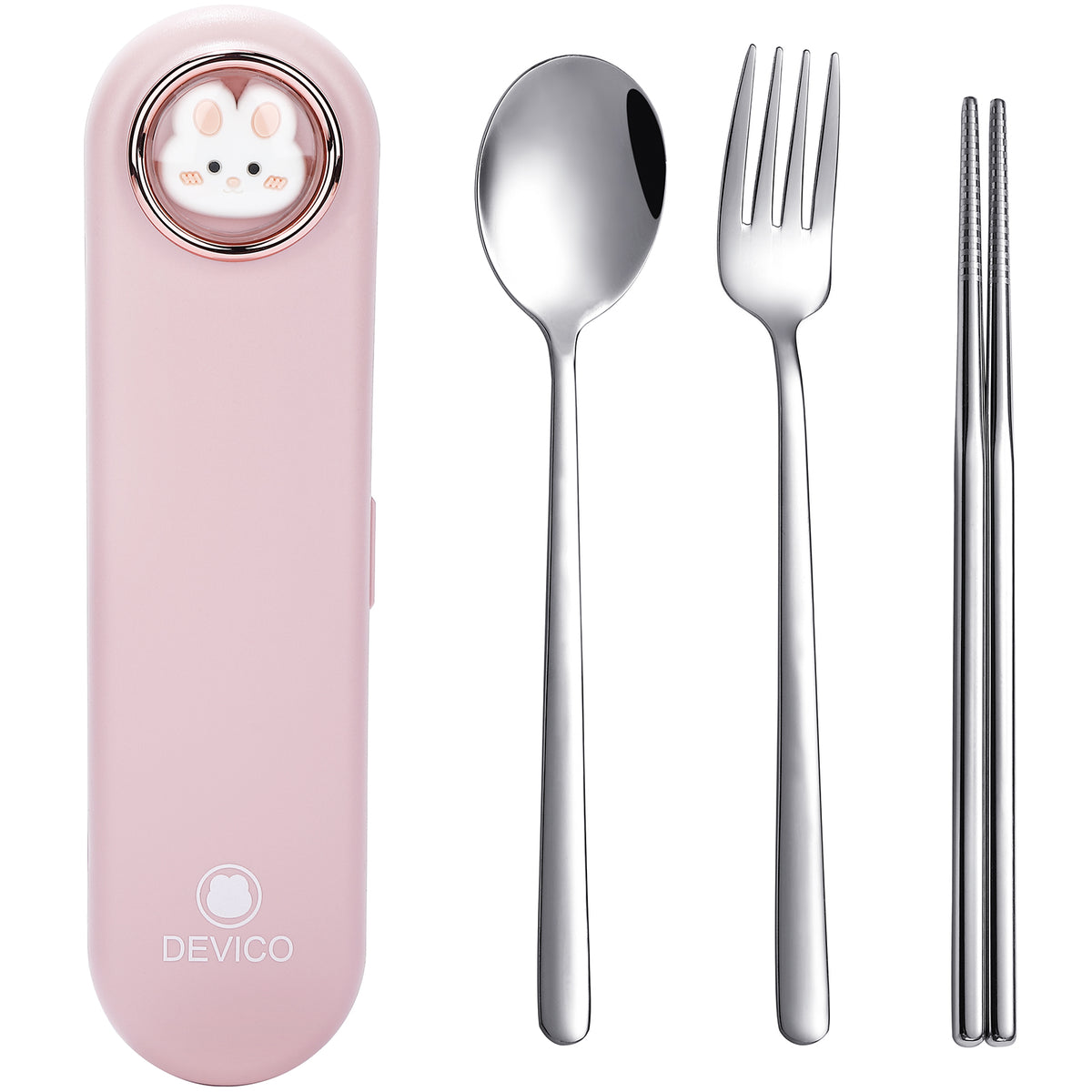 DEVICO Travel Utensils with Case Cute, Reusable Silverware for Lunch, Portable Cutlery Set, 18/8 Stainless Steel Fork Spoon Chopsticks in Cartoon Case, Dishwasher Safe (Pink)