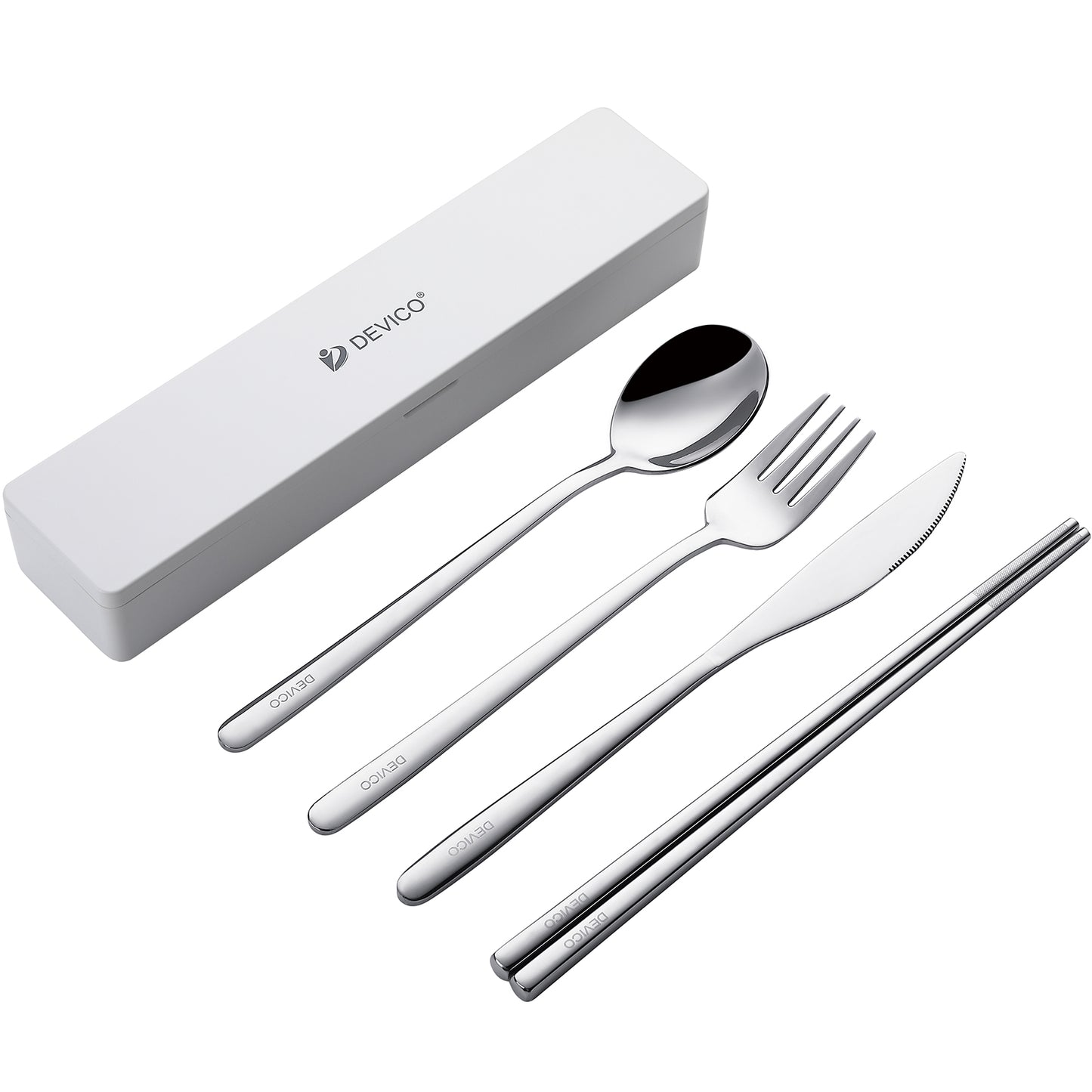 DEVICO Travel Utensils With Case, Portable Camping Silverware Cutlery Set, Reusable 18/8 Stainless Steel Flatware Tableware for Lunch, Include Knife Spoon Fork Chopsticks