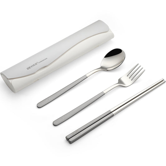 DEVICO Portable Travel Utensils with Case, Reusable Camping Silverware for Lunch, 18/8 Stainless Steel Cutlery Set (Grey)