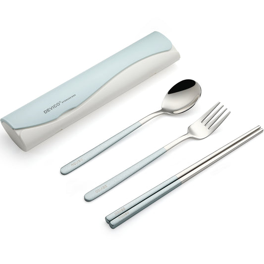 DEVICO Portable Travel Utensils with Case, Reusable Camping Silverware for Lunch, 18/8 Stainless Steel Cutlery Set (Blue)