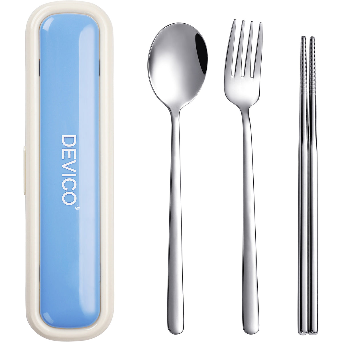 Utensils for Lunch Box, DEVICO Travel Silverware Set with Case, Portable Camping Cutlery, 18/8 Stainless Steel Reusable Korean Spoon Fork Chopsticks for School, Office, Dishwasher Safe (Beige-Blue)