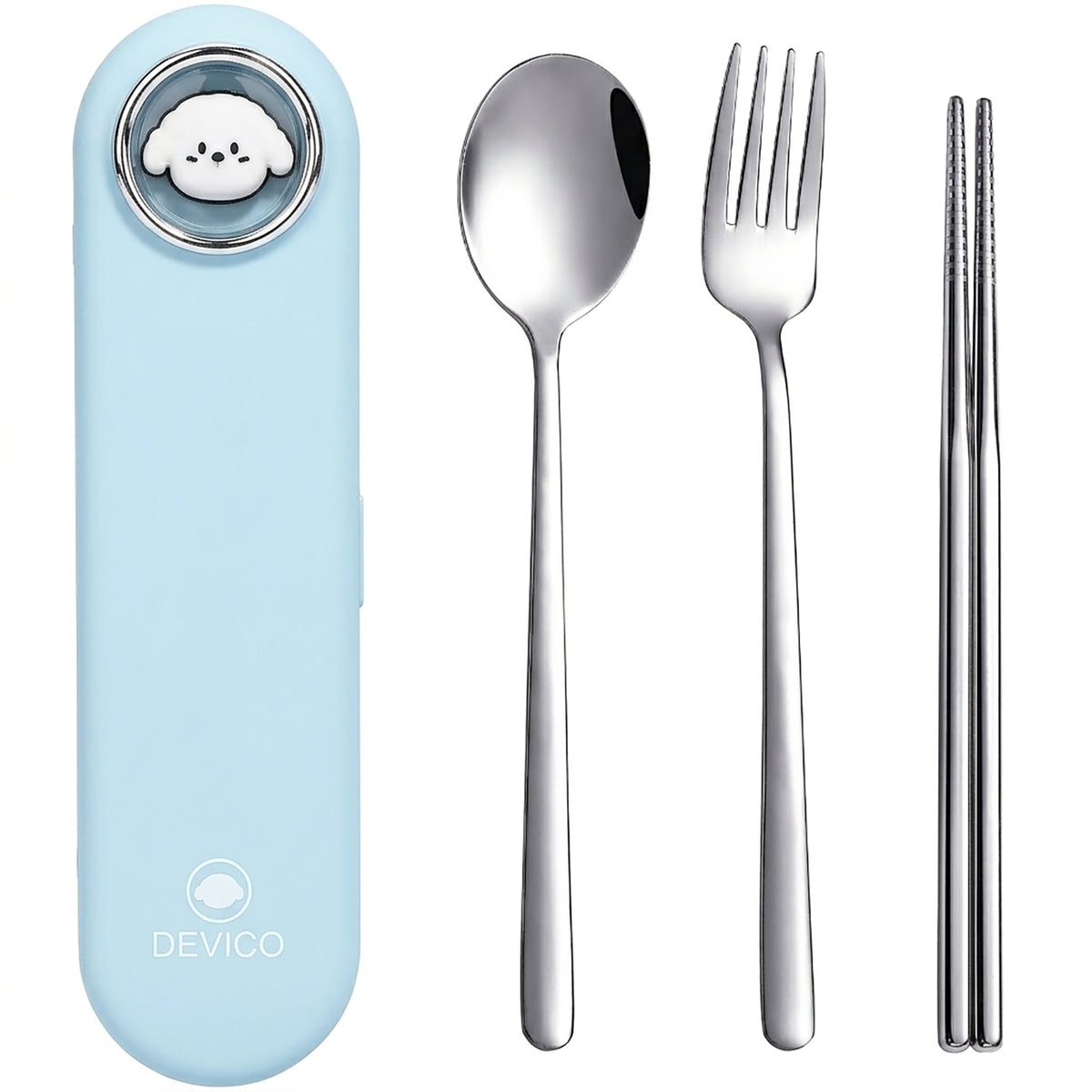 DEVICO Travel Utensils with Case Cute, Reusable Silverware for Lunch, Portable Cutlery Set, 18/8 Stainless Steel Fork Spoon Chopsticks in Cartoon Case, Dishwasher Safe (Blue)