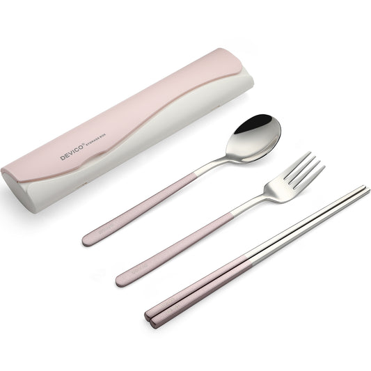 DEVICO Portable Travel Utensils with Case, Reusable Camping Silverware for Lunch, 18/8 Stainless Steel Cutlery Set (Pink)