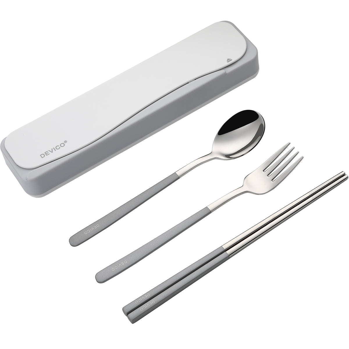 DEVICO Travel Utensils, 18/8 Stainless Steel Portable Reusable Camping Silverware Cutlery Flatware Set, 4-Piece Include Fork Spoon Chopsticks with Case (Gray)