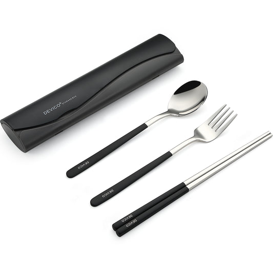 DEVICO Portable Travel Utensils with Case, Reusable Camping Silverware for Lunch, 18/8 Stainless Steel Cutlery Set (Black)