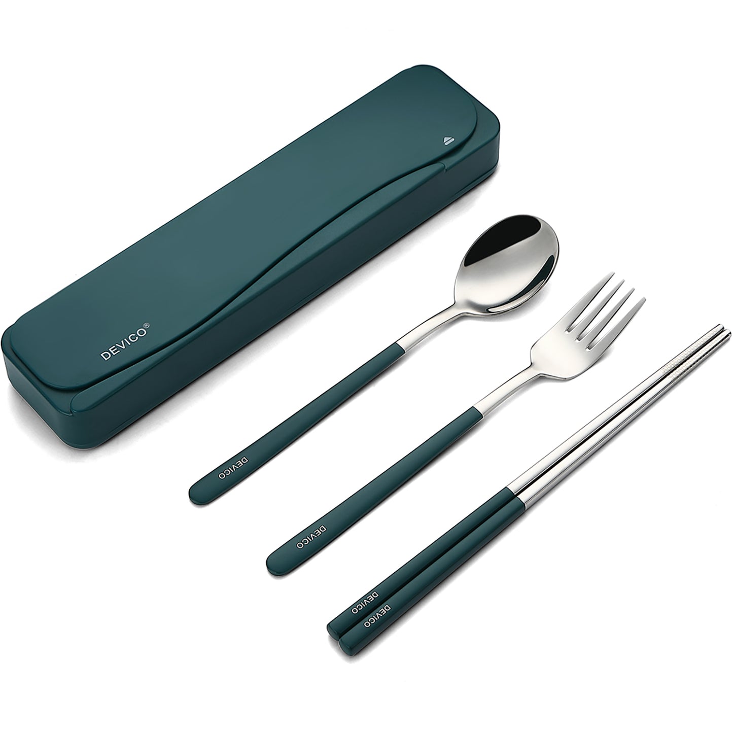 DEVICO Travel Utensils, 18/8 Stainless Steel Portable Reusable Camping Silverware Cutlery Flatware Set, 4-Piece Include Fork Spoon Chopsticks with Case (Dark Green)