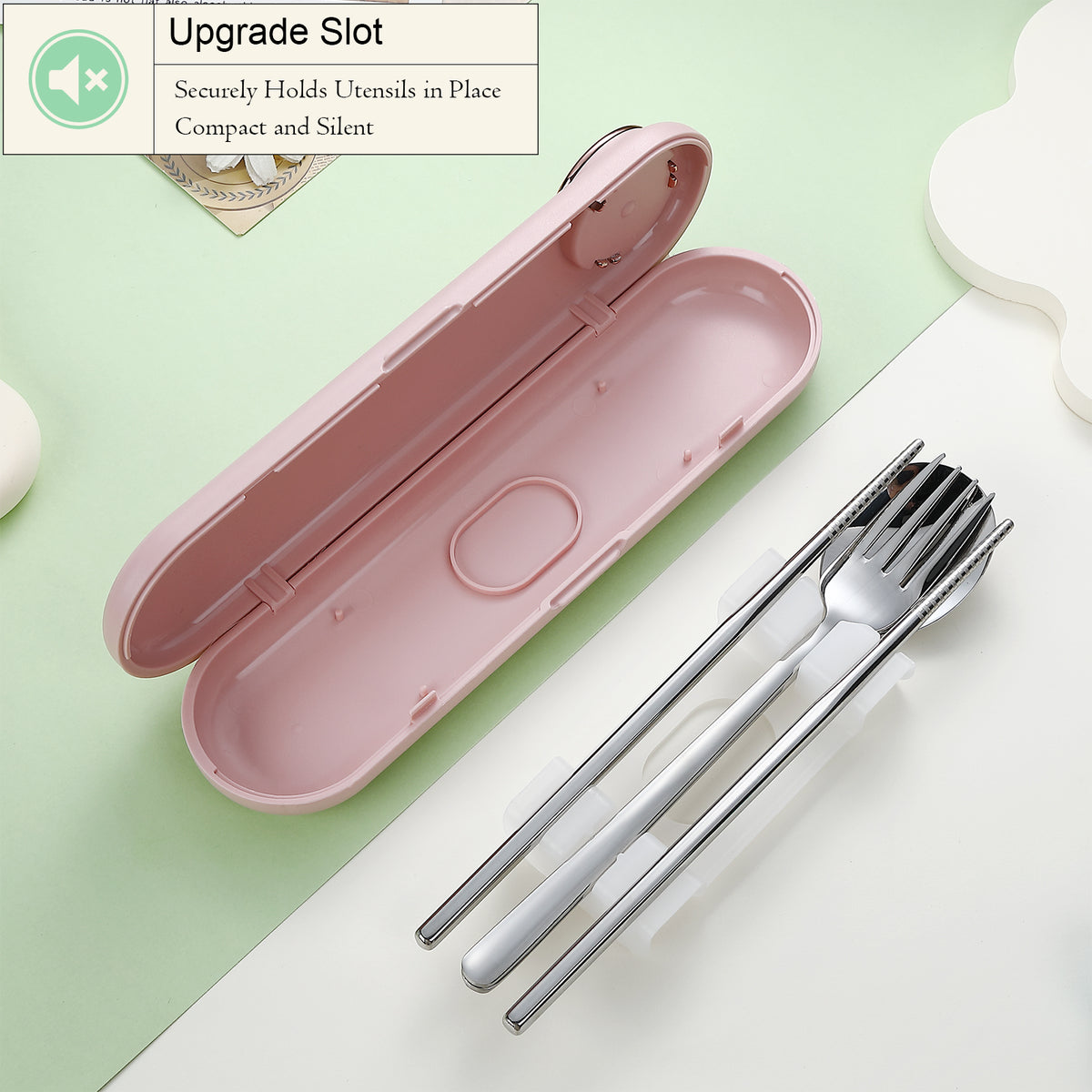 DEVICO Travel Utensils with Case Cute, Reusable Silverware for Lunch, Portable Cutlery Set, 18/8 Stainless Steel Fork Spoon Chopsticks in Cartoon Case, Dishwasher Safe (Pink)