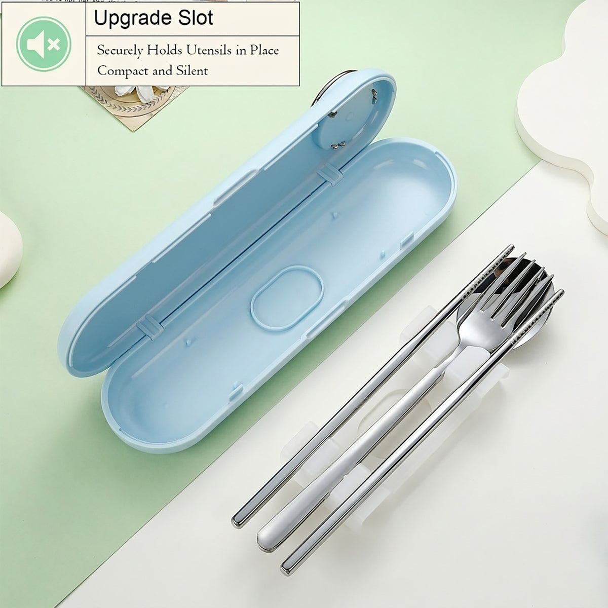 DEVICO Travel Utensils with Case Cute, Reusable Silverware for Lunch, Portable Cutlery Set, 18/8 Stainless Steel Fork Spoon Chopsticks in Cartoon Case, Dishwasher Safe (Blue)