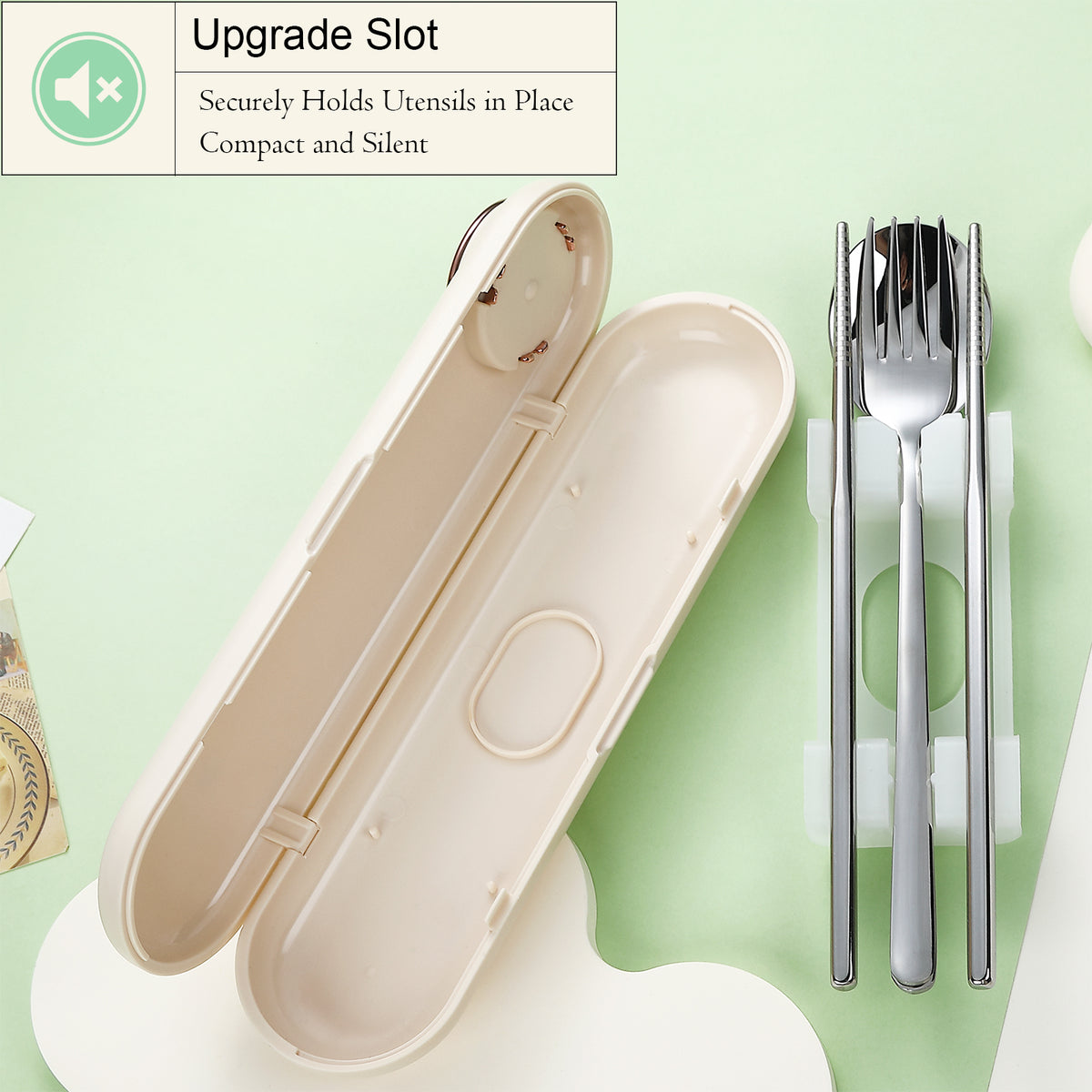 DEVICO Travel Utensils with Case Cute, Reusable Silverware for Lunch, Portable Cutlery Set, 18/8 Stainless Steel Fork Spoon Chopsticks in Cartoon Case, Dishwasher Safe (Yellow)
