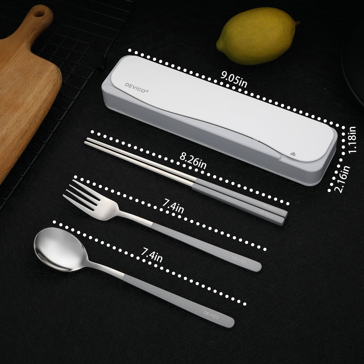 DEVICO Travel Utensils, 18/8 Stainless Steel Portable Reusable Camping Silverware Cutlery Flatware Set, 4-Piece Include Fork Spoon Chopsticks with Case (Gray)