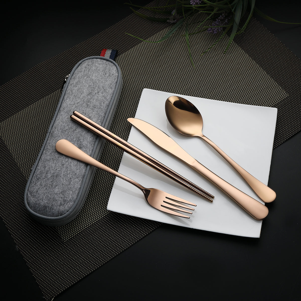 DEVICO Camping Utensils, Portable Travel Utensils with Case, Stainless Steel Reusable Silverware for Lunch Adult, 5Pcs Cutlery Set Includes Knife Spoon Fork Chopsticks and Case (Rose Gold)