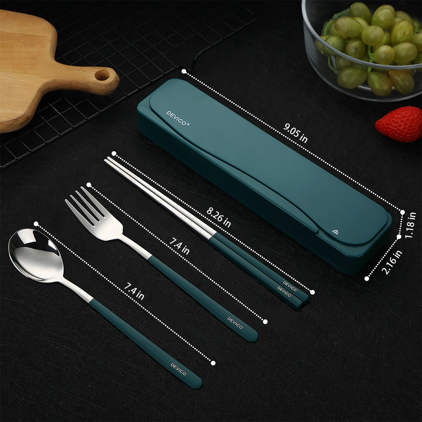 DEVICO Travel Utensils, 18/8 Stainless Steel Portable Reusable Camping Silverware Cutlery Flatware Set, 4-Piece Include Fork Spoon Chopsticks with Case (Dark Green)