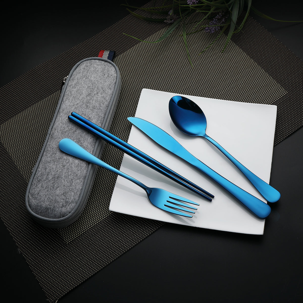 DEVICO Camping Utensils, Portable Travel Utensils with Case, Stainless Steel Reusable Silverware for Lunch Adult, 5Pcs Cutlery Set Includes Knife Spoon Fork Chopsticks and Case (Blue)