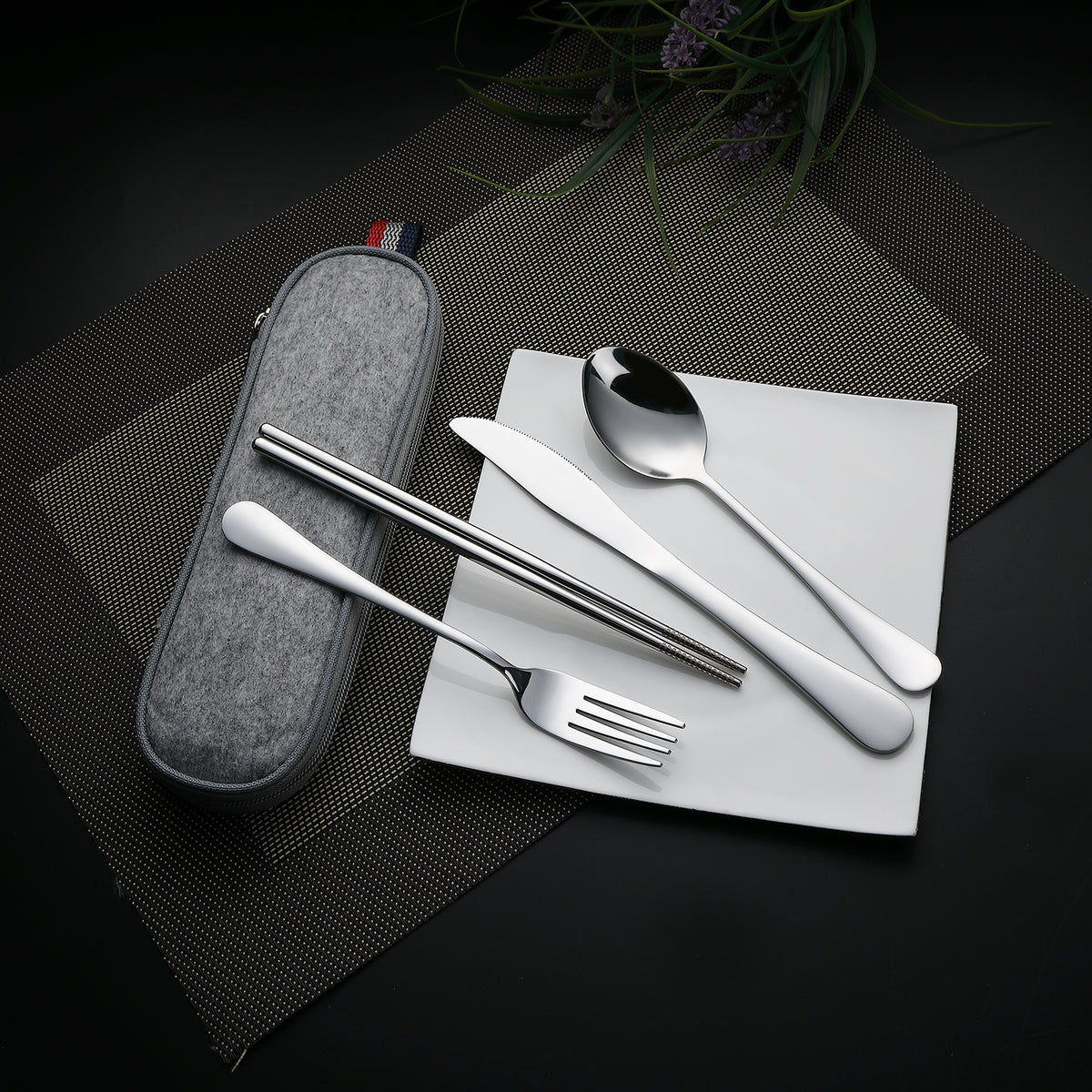DEVICO Camping Utensils, Portable Travel Utensils with Case, Stainless Steel Reusable Silverware for Lunch Adult, 5Pcs Cutlery Set Includes Knife Spoon Fork Chopsticks and Case (Silver)