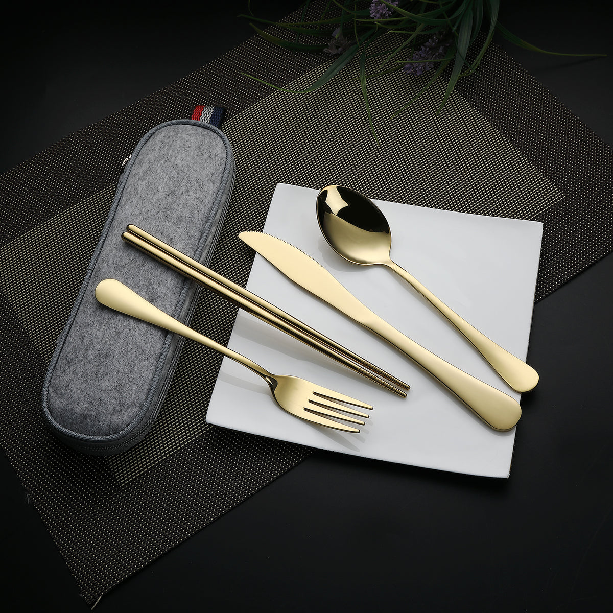 DEVICO Camping Utensils, Portable Travel Utensils with Case, Stainless Steel Reusable Silverware for Lunch Adult, 5Pcs Cutlery Set Includes Knife Spoon Fork Chopsticks and Case (Gold)